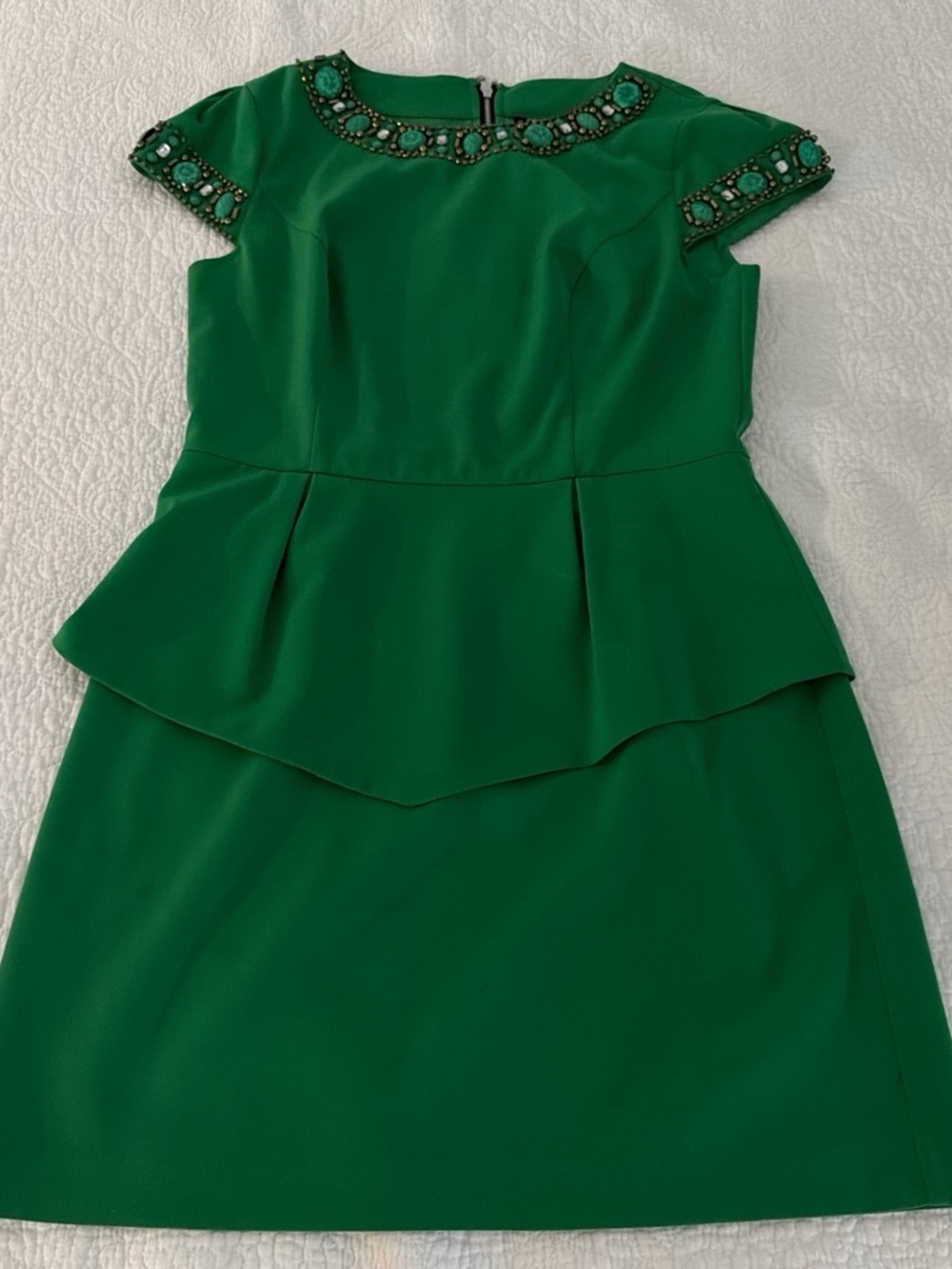 Kensie Emerald Green Jeweled Neck Peplum Dress